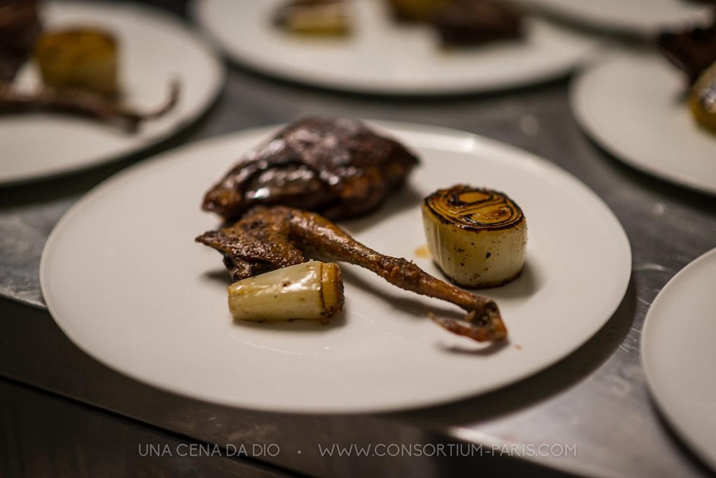 Pigeon rôti, oignon brûlé